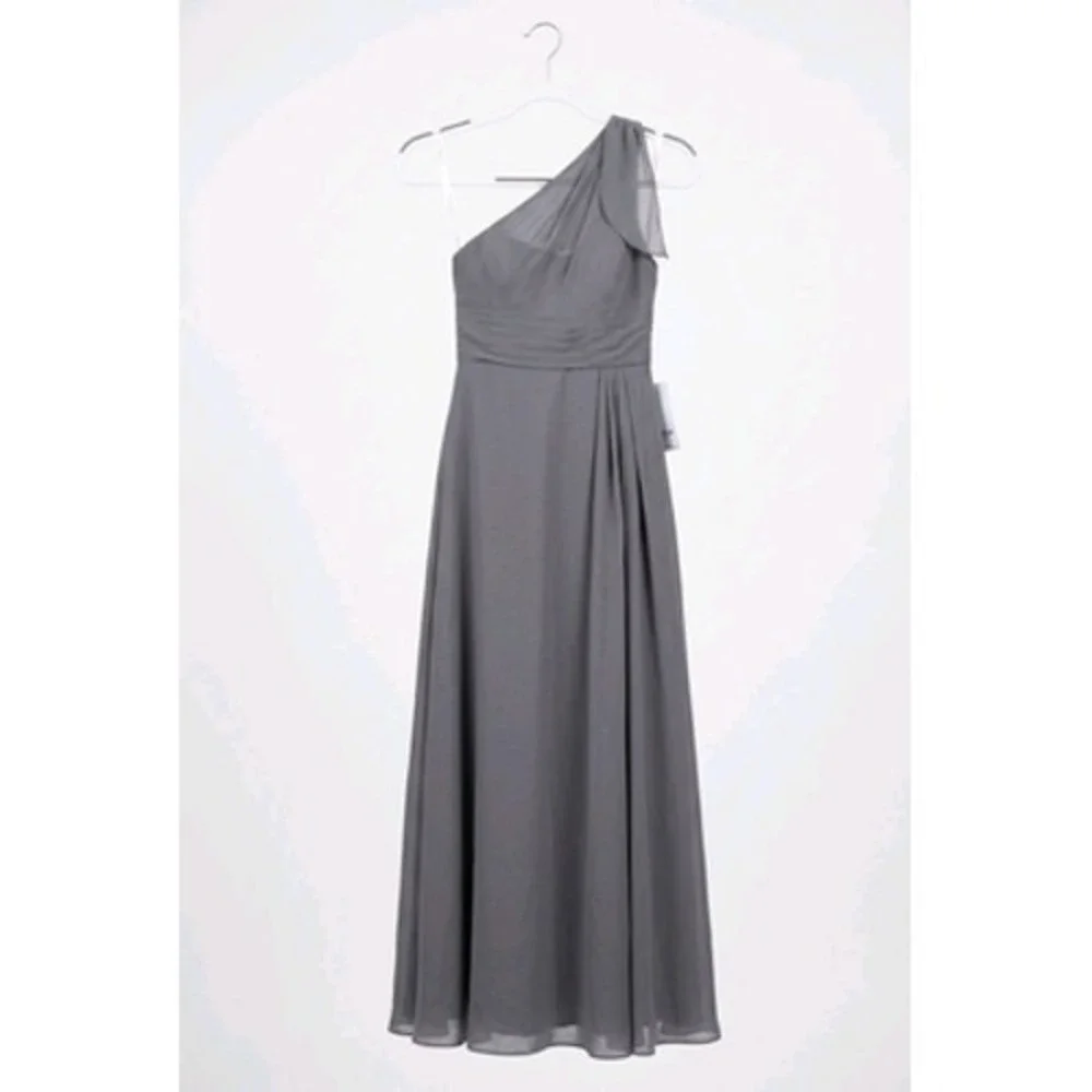 Azazie Dress Girls 6 Gray Cleo Junior One Shoulder Chiffon Bridesmaid Wedding